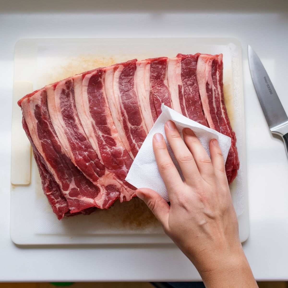 Raw beef back ribs surrounded by small bowls of seasonings, yellow mustard, apple cider vinegar, and beef broth on a white counter.