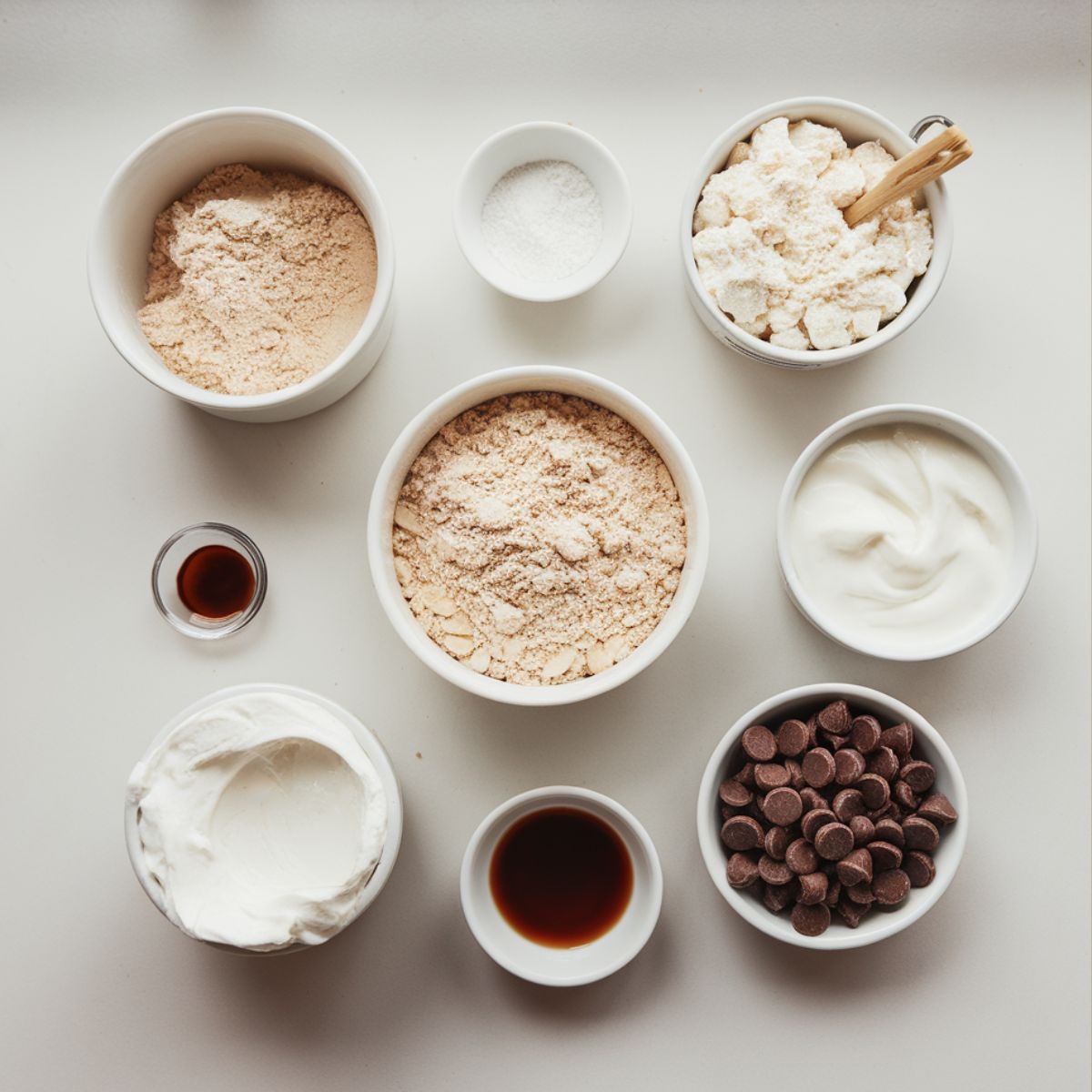 Flat lay of protein cookie dough ingredients, including almond flour, protein powder, cottage cheese, Greek yogurt, and chocolate chips