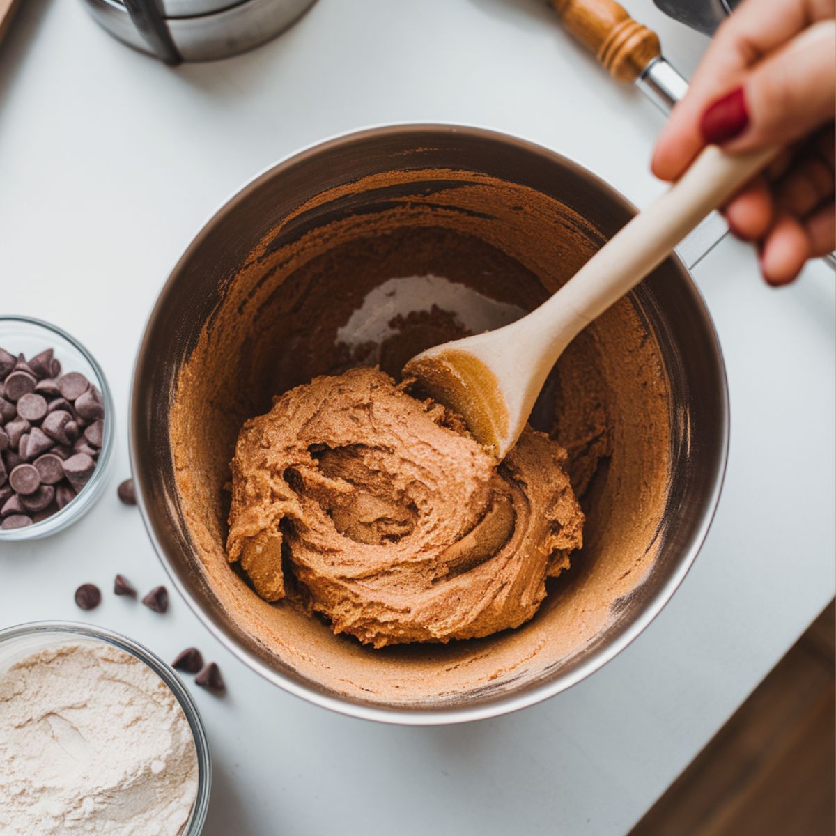 Protein cookie dough being mixed in a bowl with a wooden spoon on a white kitchen counter.