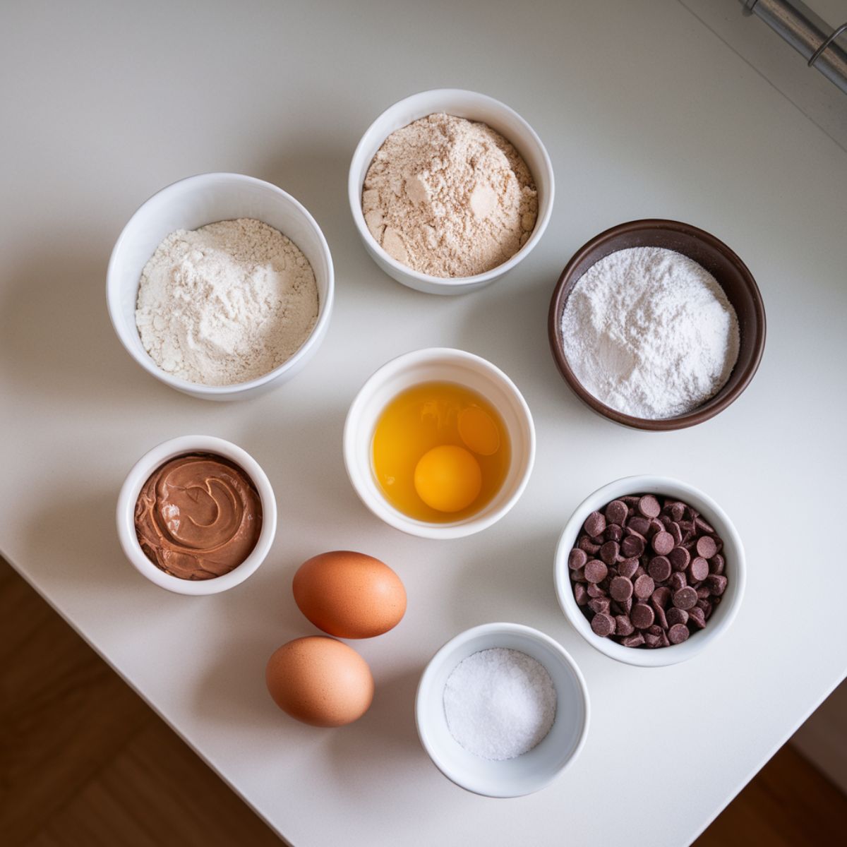 protein cookie recipe ingredients including protein powder, almond flour, eggs, nut butter, and chocolate chips on a white counter