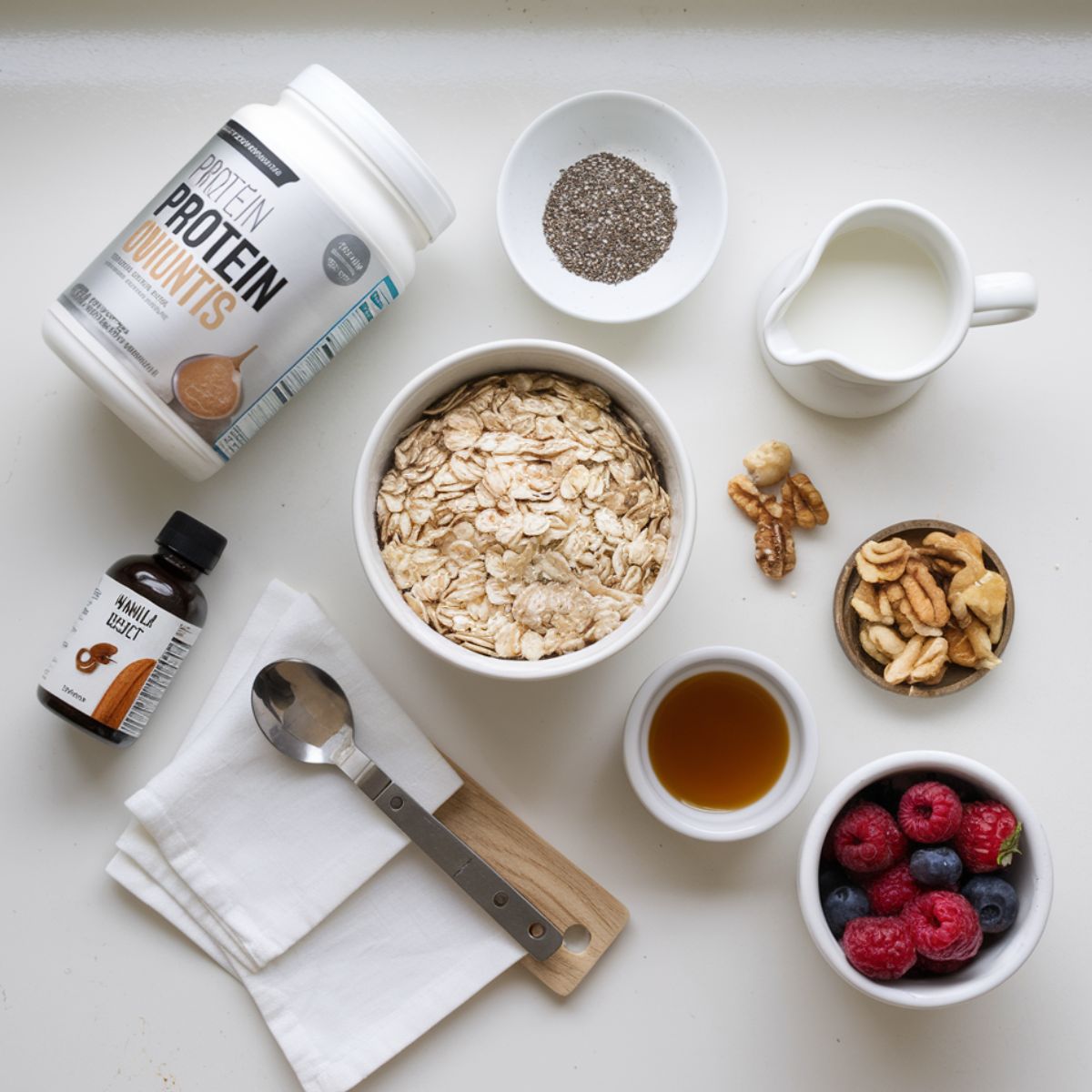 Flat lay of protein overnight oats ingredients including oats, protein powder, chia seeds, Greek yogurt, milk, vanilla, and toppings