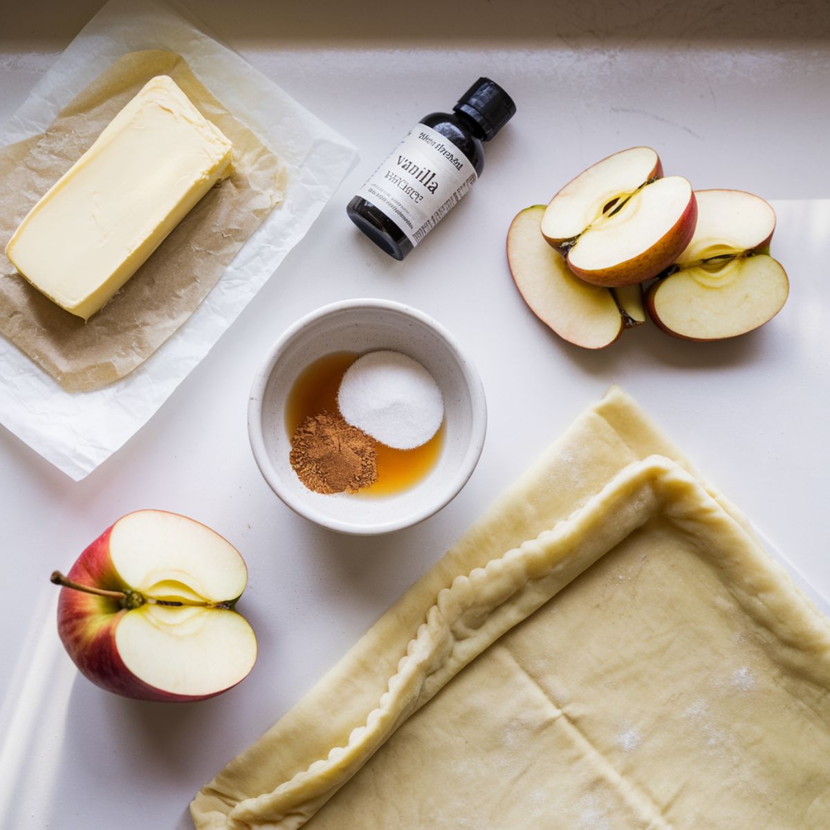 Ingredients for puff pastry apple tart, including sliced apples, puff pastry, sugar, butter, and cinnamon.