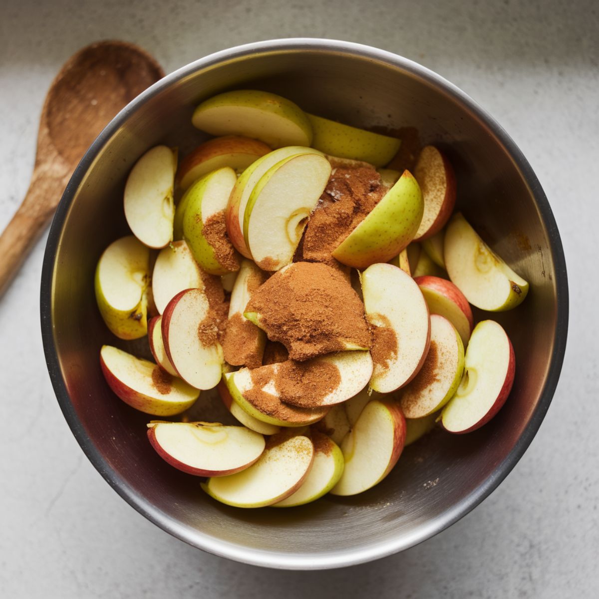 Sliced apples mixed with cinnamon and sugar in a bowl on a white kitchen counter.