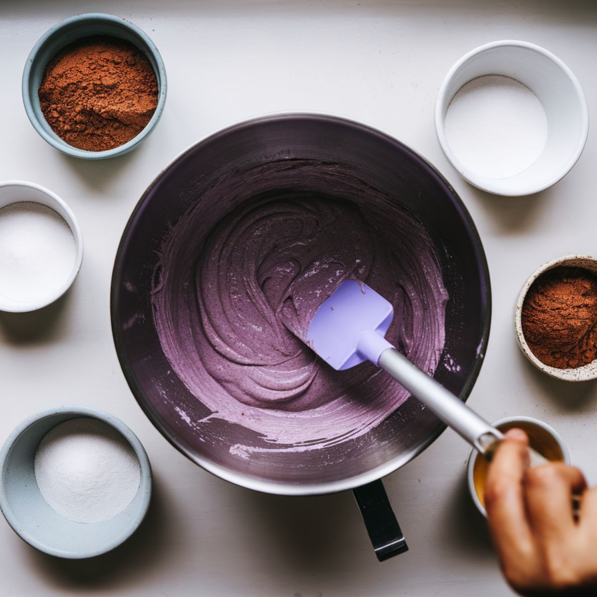 Mixing bowl with purple velvet cake batter, a spatula, and surrounding ingredients