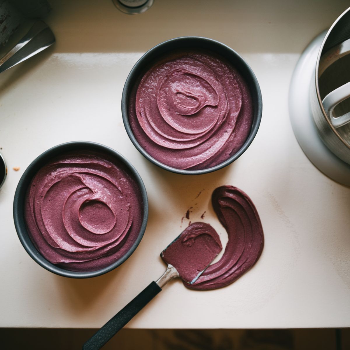 Two round cake pans filled with purple velvet cake batter