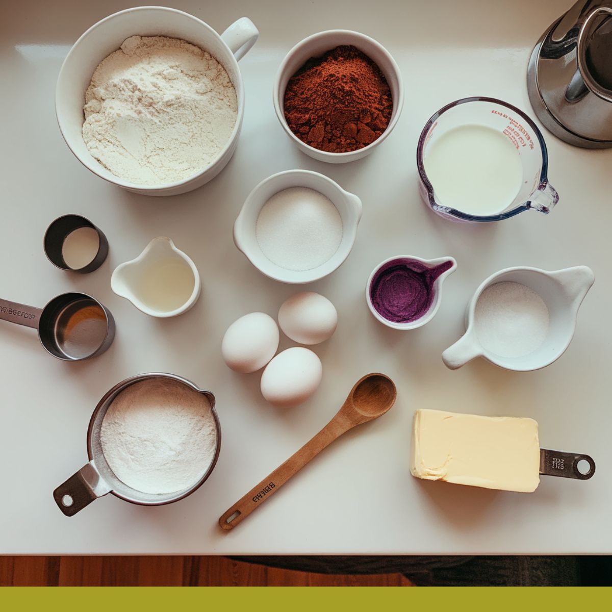 Ingredients for purple velvet cake recipe, including bowls of flour, cocoa powder, sugar, eggs, and purple gel food coloring on a white counter.