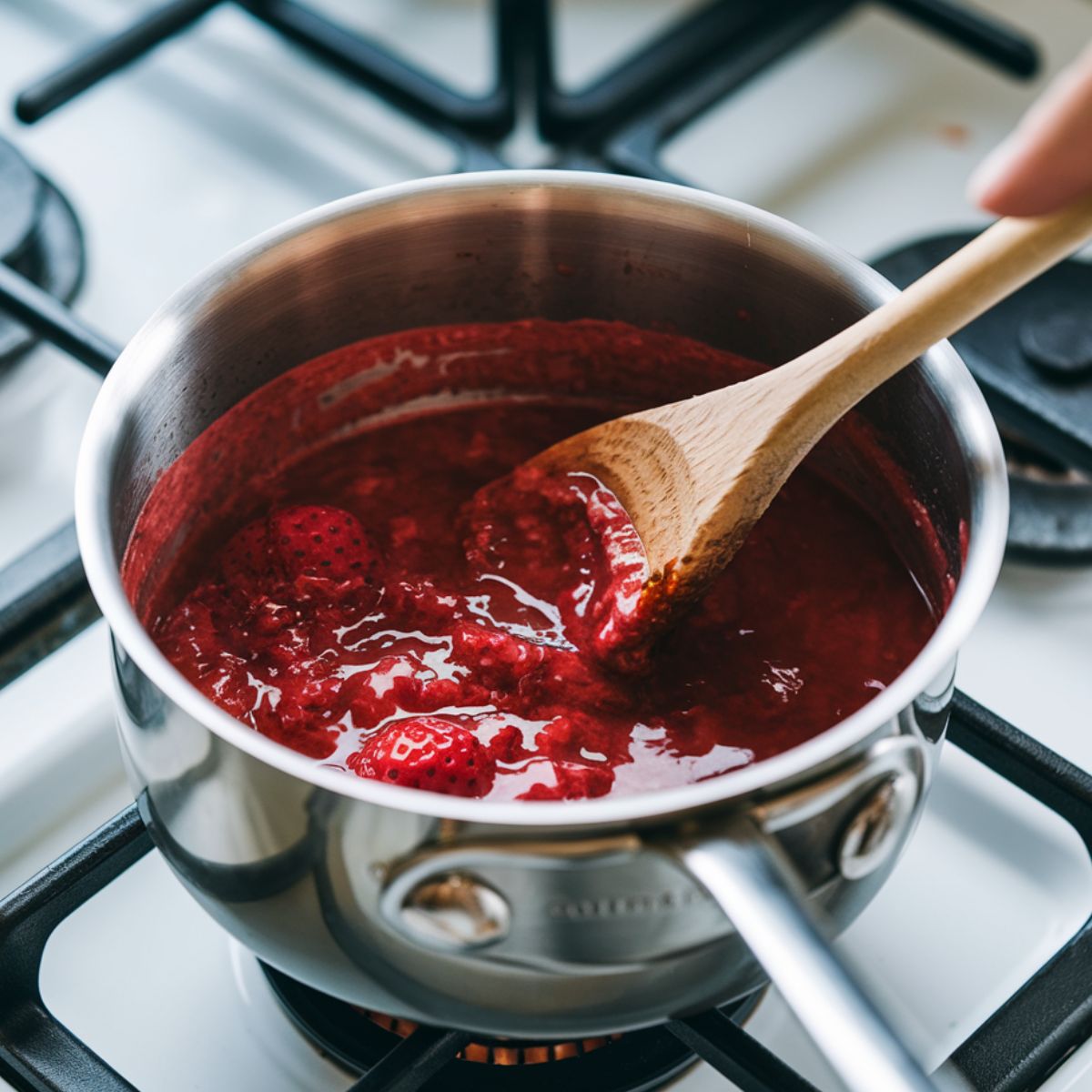 Reducing strawberry puree for Strawberry Cake with Cream Cheese Frosting.