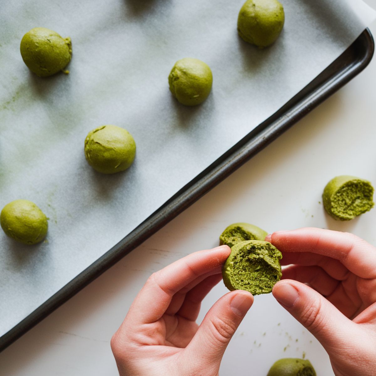 Hannah hands rolling green matcha cookie dough into small balls on a white kitchen counter, with some placed on a baking sheet.