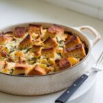 Golden-brown savory bread pudding in a round ceramic baking dish with crispy edges, garnished with herbs