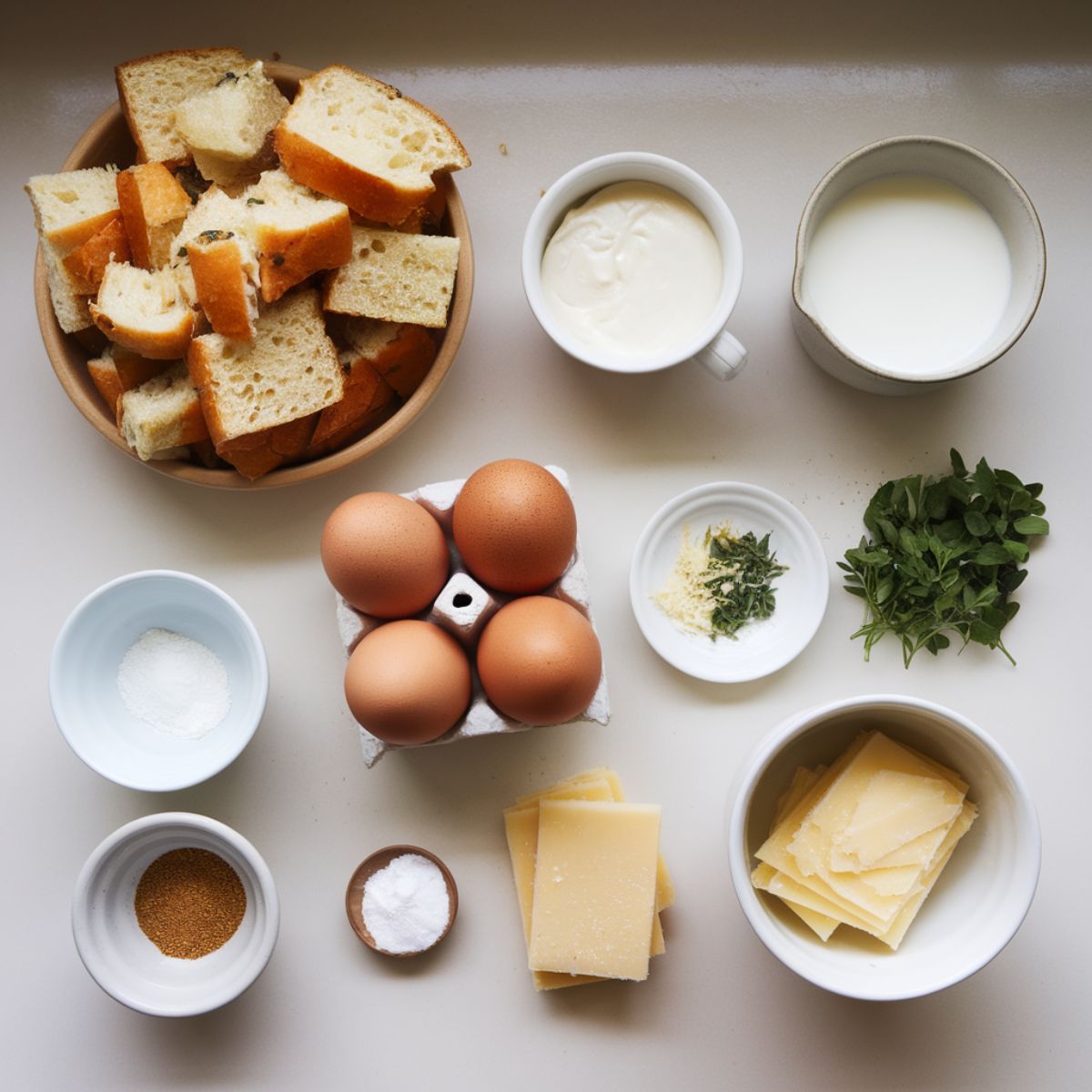 Ingredients for savory bread pudding, including bread cubes, eggs, milk, cream, garlic, and herbs, on a white kitchen counter.