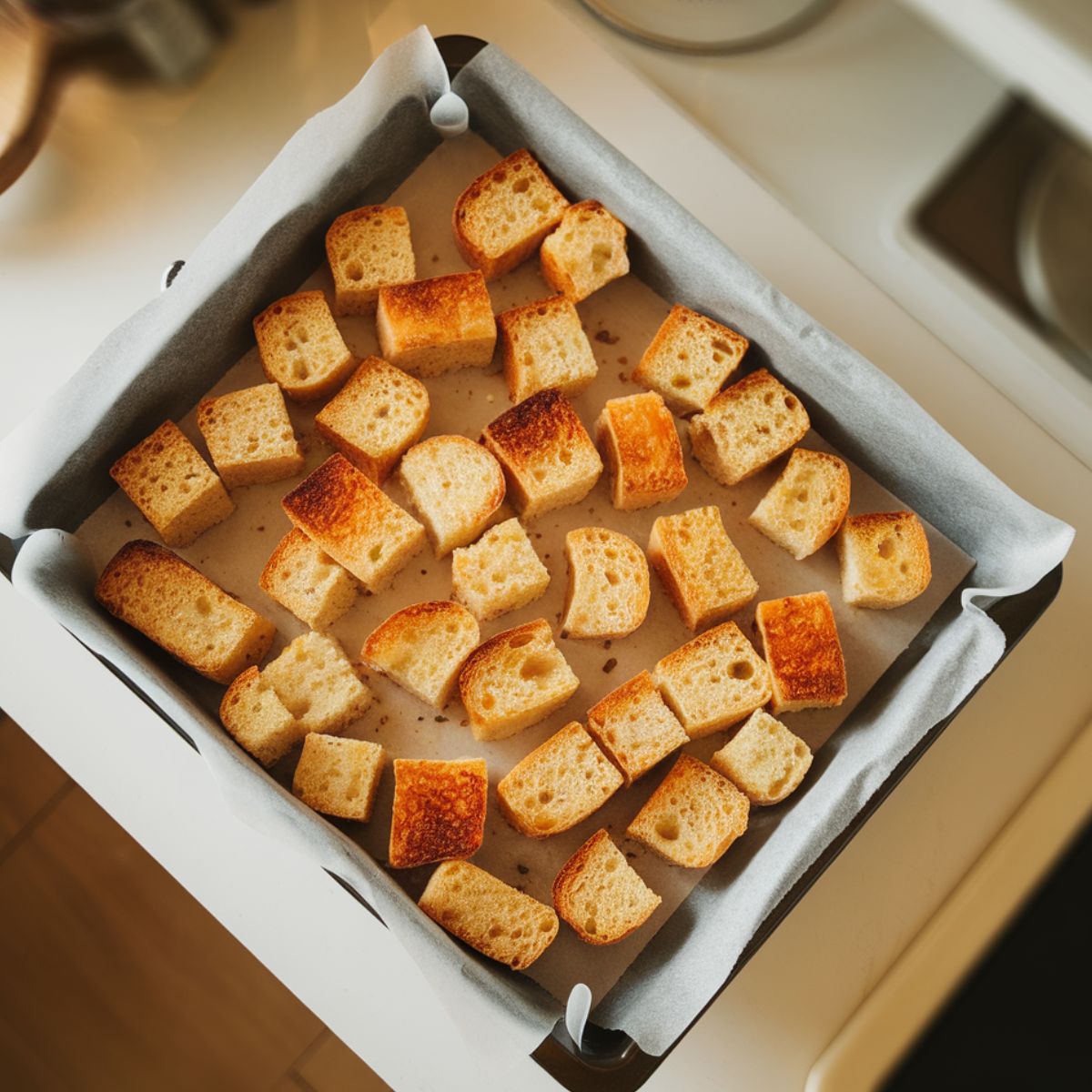 Golden toasted bread cubes on a baking tray, ready for savory bread pudding.