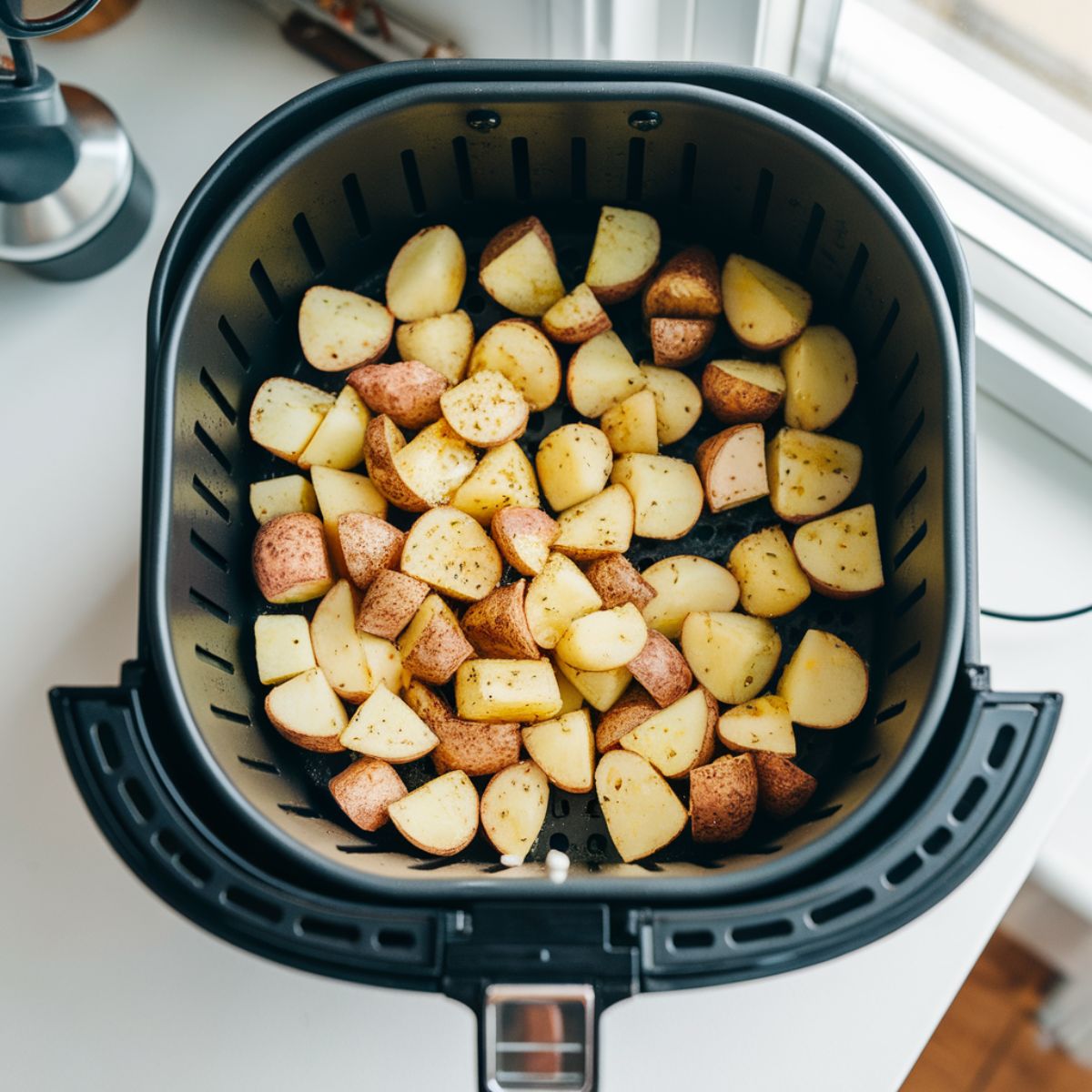 Seasoned cubed potatoes in an air fryer basket, ready to cook.