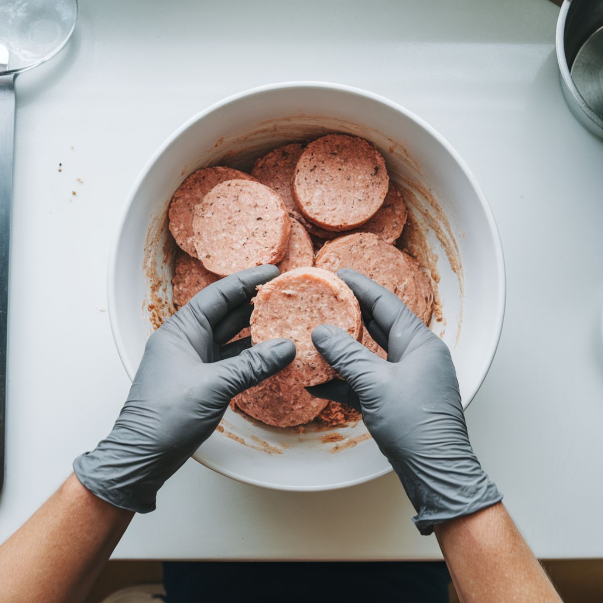 Hands shaping chicken sausage patties from a bowl of seasoned ground chicken mixture on a white countertop.