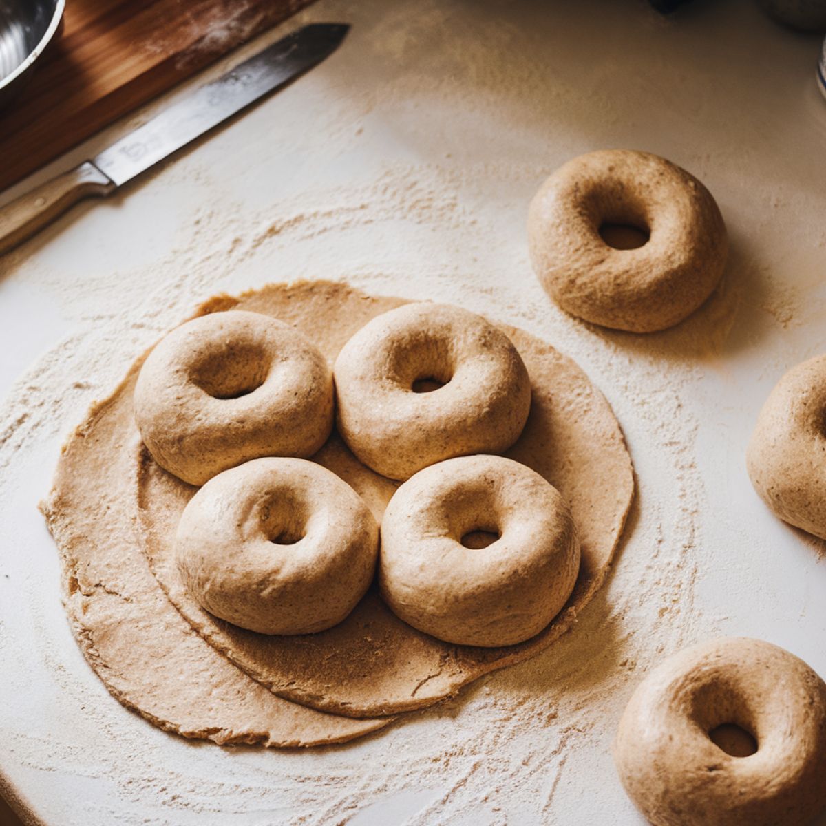 shaping sourdough bagel dough on a floured kitchen counter, with some bagels in progress.