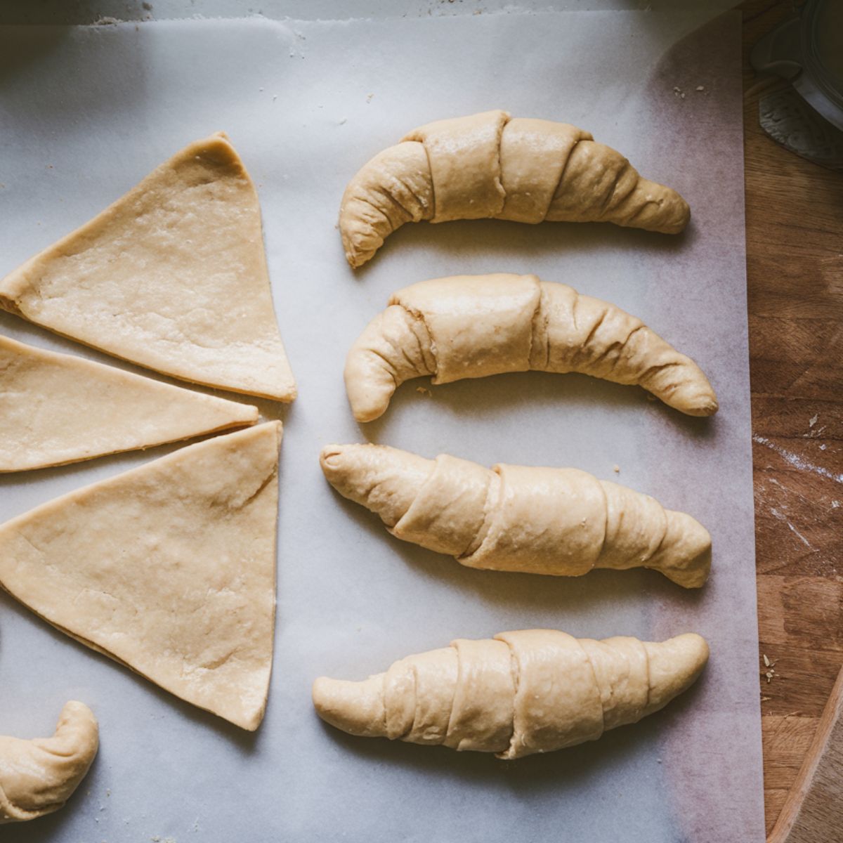 Triangular dough pieces being rolled into crescent shapes on a white kitchen counter, demonstrating the shaping process for Swiss gipfeli.