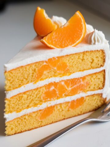 A slice of layered mandarin orange cake with fresh mandarins and whipped cream on a white plate, accompanied by a fork.