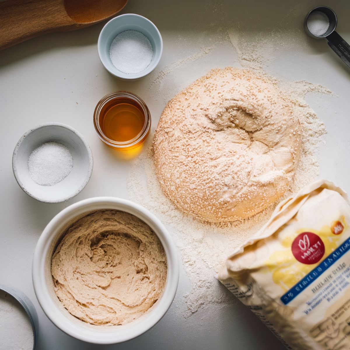 sourdough bagel Ingredients, including sourdough starter, bread flour, honey, salt, and water