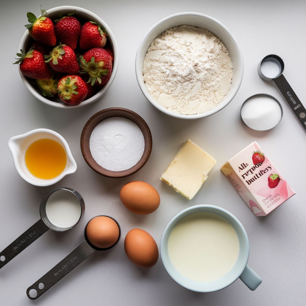 Ingredients for Strawberry Cake with Cream Cheese Frosting including fresh strawberries, butter, eggs, and vanilla extract.