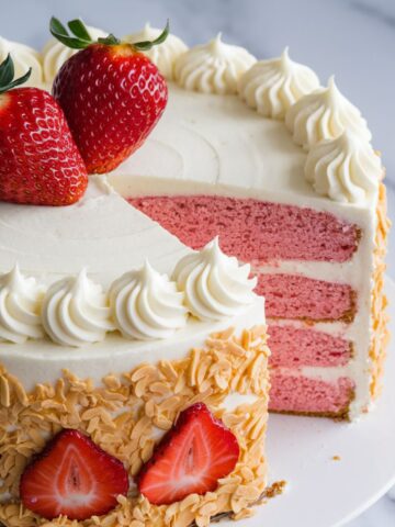 A three-layer pink strawberry cake with cream cheese frosting, decorative swirls on top, fresh strawberries, and almond flakes on the sides, displayed on a white cake stand.