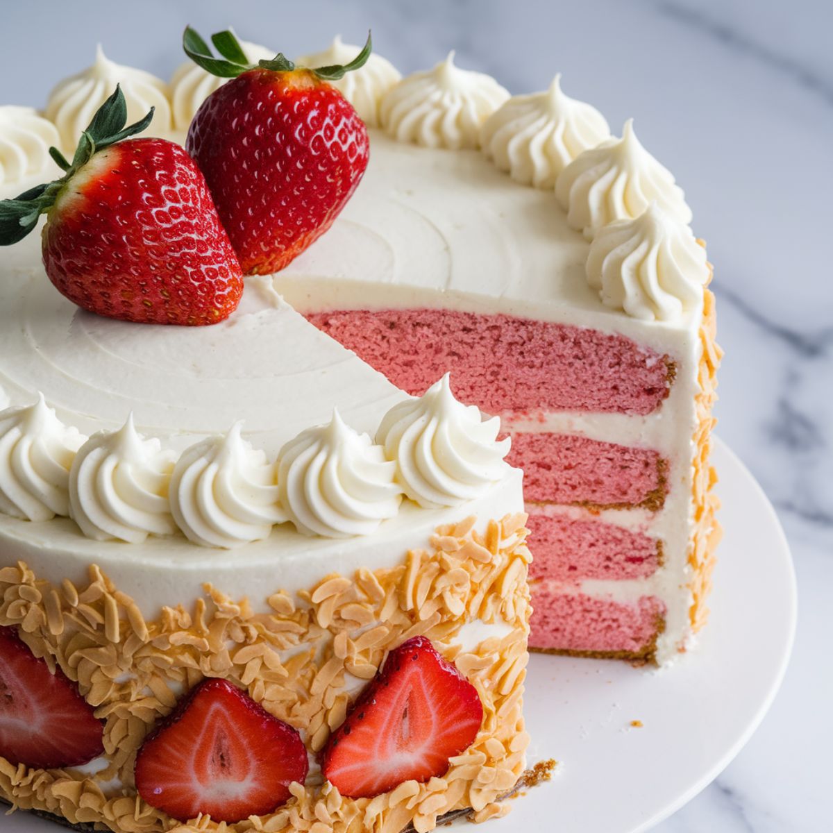 A three-layer pink strawberry cake with cream cheese frosting, decorative swirls on top, fresh strawberries, and almond flakes on the sides, displayed on a white cake stand.