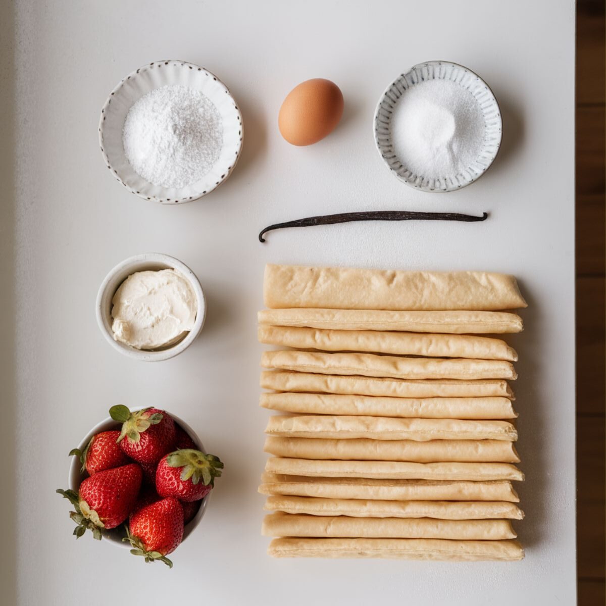 strawberry puff pastry recipe ingredients, including puff pastry sheets, strawberries, cream cheese, and vanilla