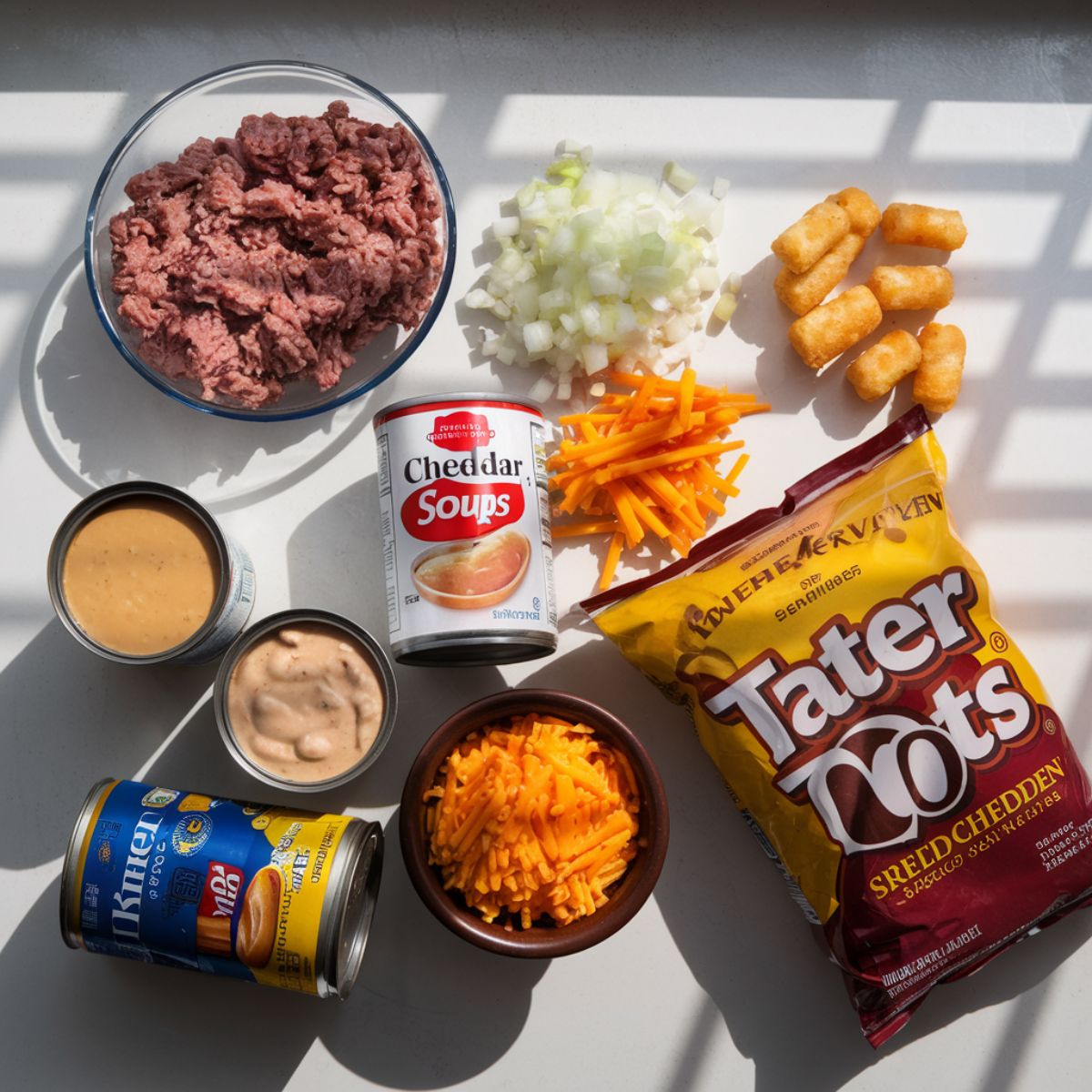 Ingredients for Tim Walz hot dish recipe, including ground turkey, onions, cream soups, cheese, and tater tots.