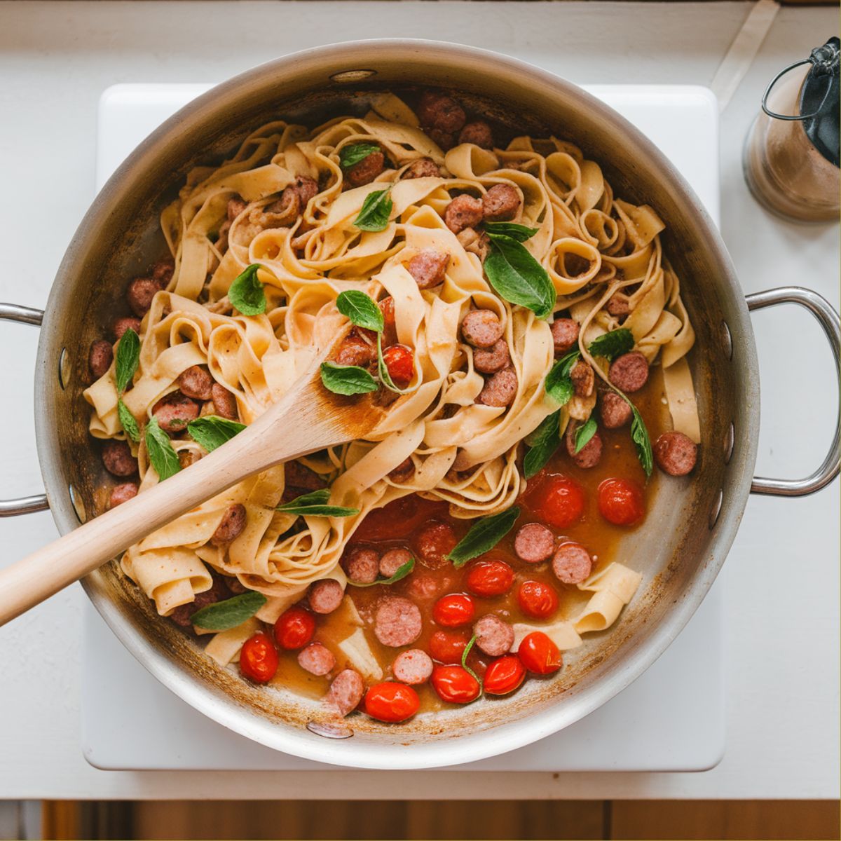 Tossing pappardelle pasta with sausage, cherry tomatoes, and fresh basil in a pan for Italian Drunken Noodles.