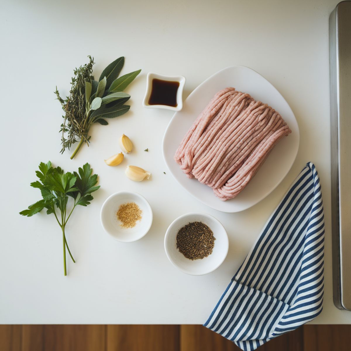 Flat-lay of turkey breakfast sausage ingredients including herbs, ground turkey, grated apple, and maple syrup