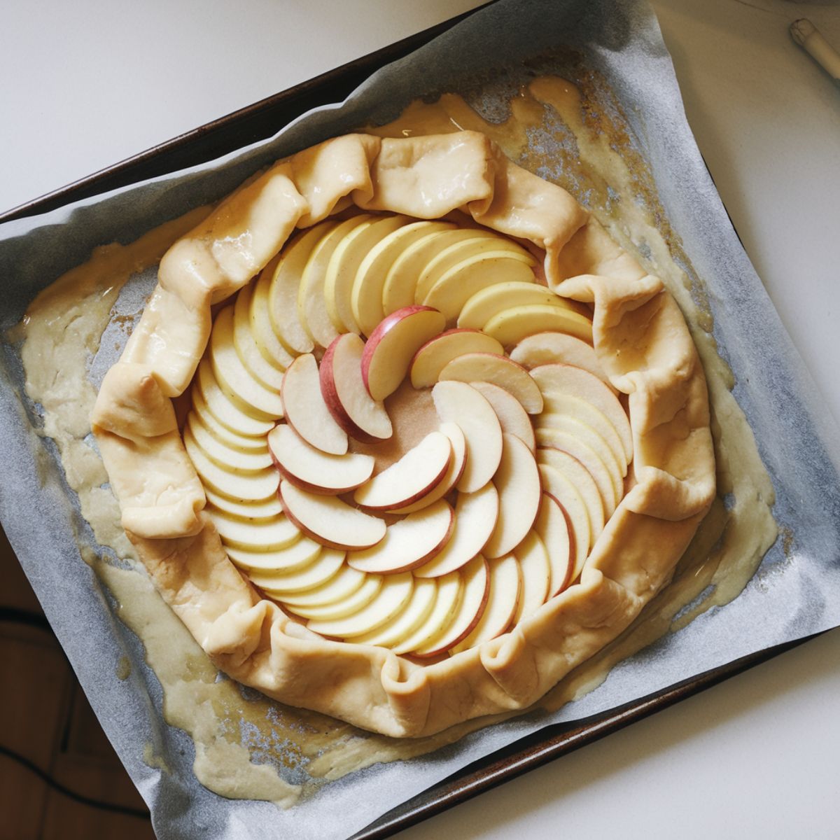 Unbaked puff pastry apple tart with apple slices arranged in a spiral pattern on a baking sheet.