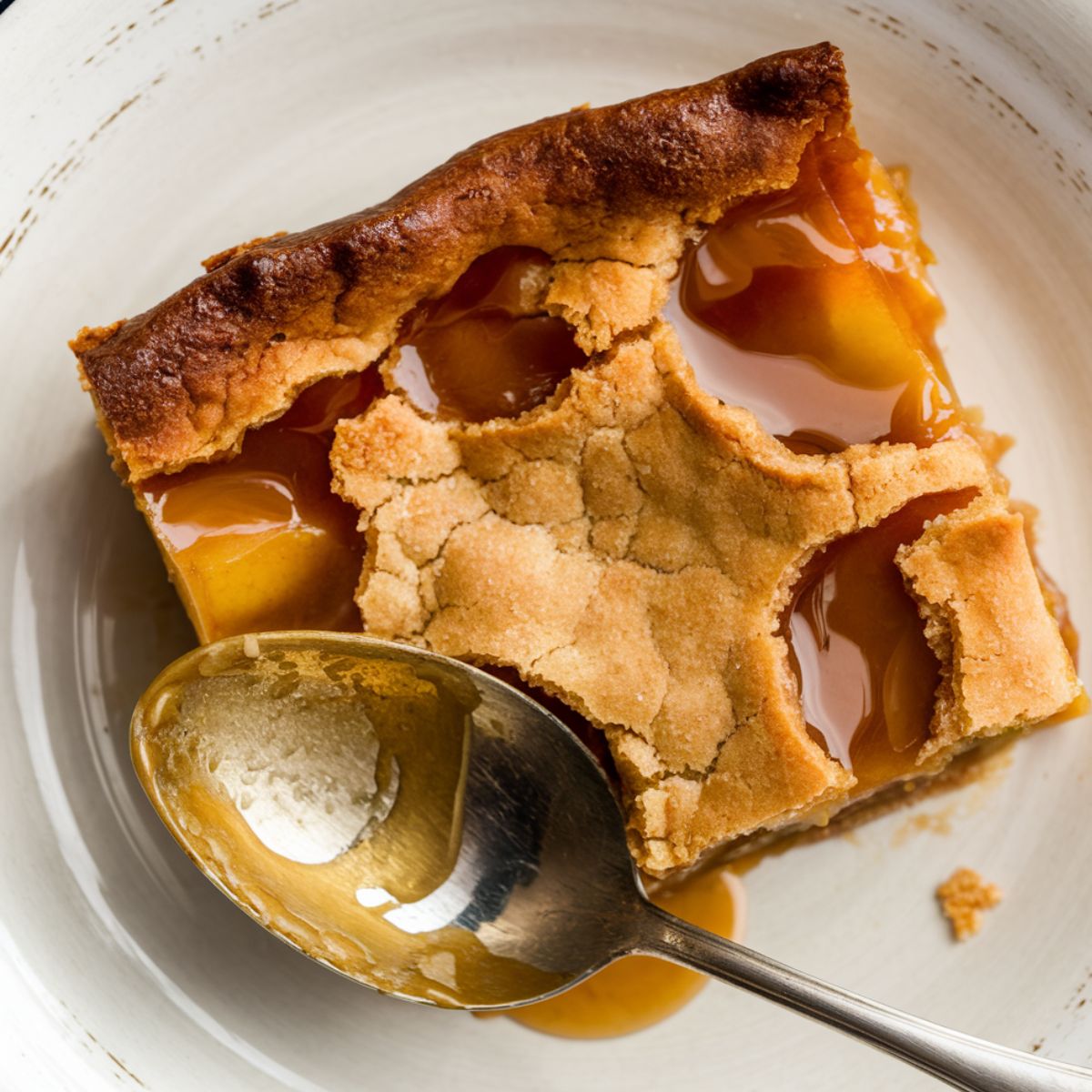 A slice of homemade apple pandowdy with a cracked golden crust, revealing caramelized apple filling, served on a white plate with a worn silver spoon coated in syrup.