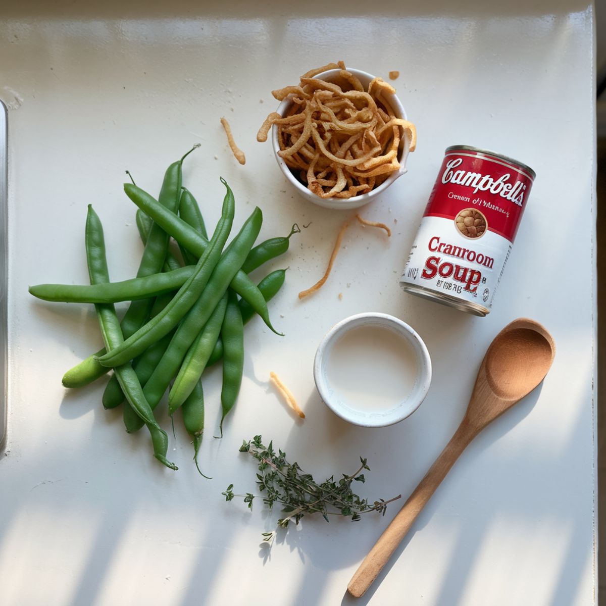 Campbell Soup Green Bean Casserole Recipe ingredients including Fresh green beans, a can of Campbell’s Cream of Mushroom Soup, a bowl of milk, crispy fried onions, and fresh thyme arranged casually on a white kitchen counter.