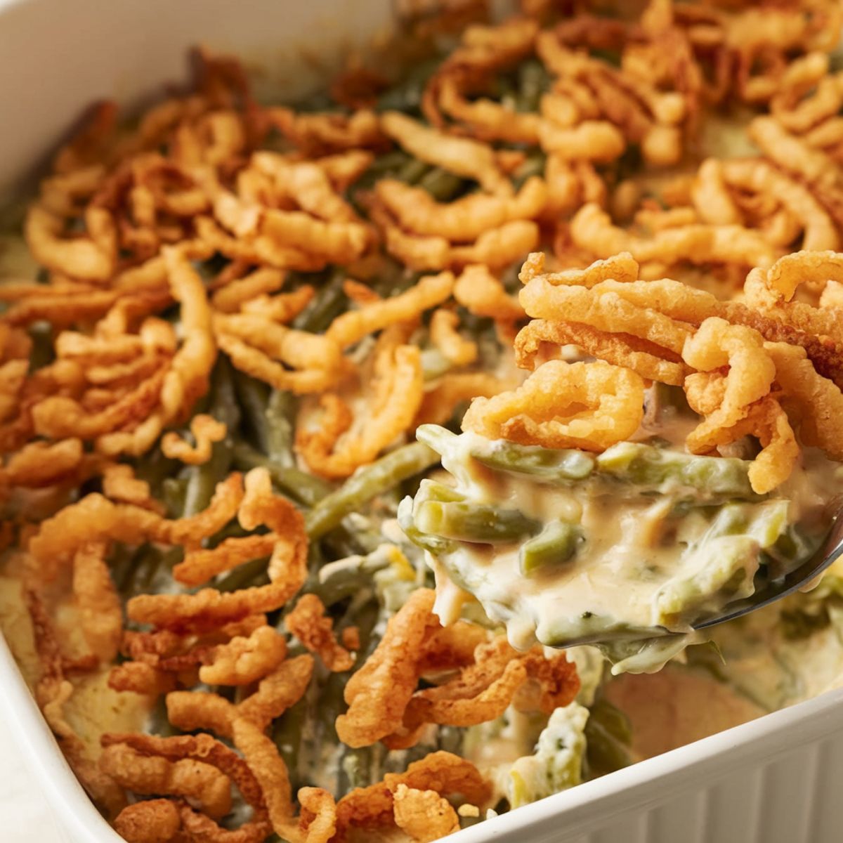 A homemade Campbell Soup green bean casserole with golden-brown crispy onions on top, sitting on a white kitchen counter. The casserole has bubbling creamy sauce around the edges, with a serving spoon holding a huge portion of the dish