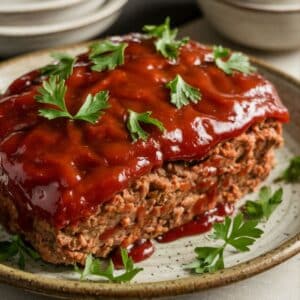 homemade Cracker Barrel meatloaf with a glossy ketchup glaze on a white plate, showing its moist interior."
