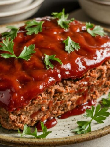 homemade Cracker Barrel meatloaf with a glossy ketchup glaze on a white plate, showing its moist interior."