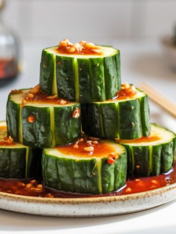 Stacked cucumber slices drizzled with a garlicky chili soy sauce, served on a ceramic plate with chopsticks on a white kitchen counter.