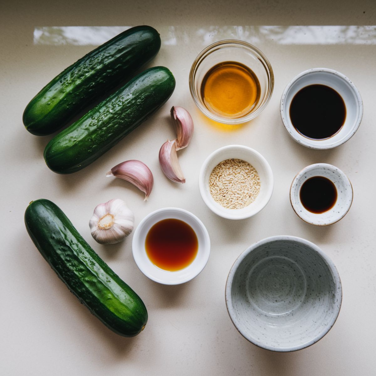 Din Tai Fung cucumber recipe salad ingredients, including cucumbers, garlic, rice vinegar, sesame oil, and soy sauce, on a white kitchen counter