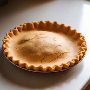 Homemade Crisco pie crust with hand-crimped edges, a flaky texture, and slight imperfections, sitting in a glass pie dish. Lightly dusted with flour for an authentic, homemade look.