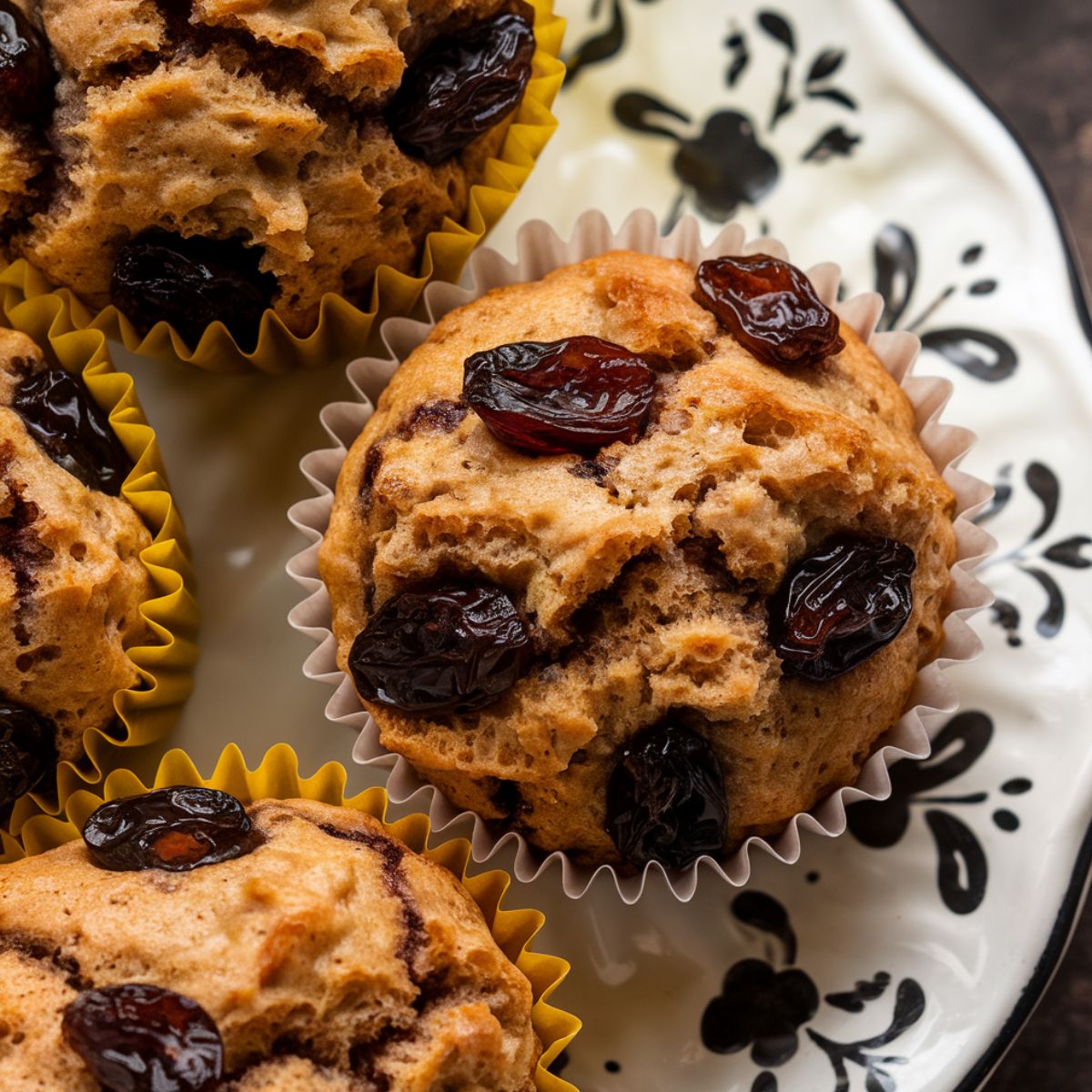 shot of a batch of homemade raisin bran muffins resting on a decorative white plate with a black floral pattern.