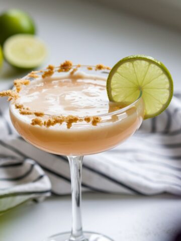 A creamy Key Lime Pie Martini with a graham cracker rim and lime garnish on a white kitchen counter. Fresh limes is in the background.