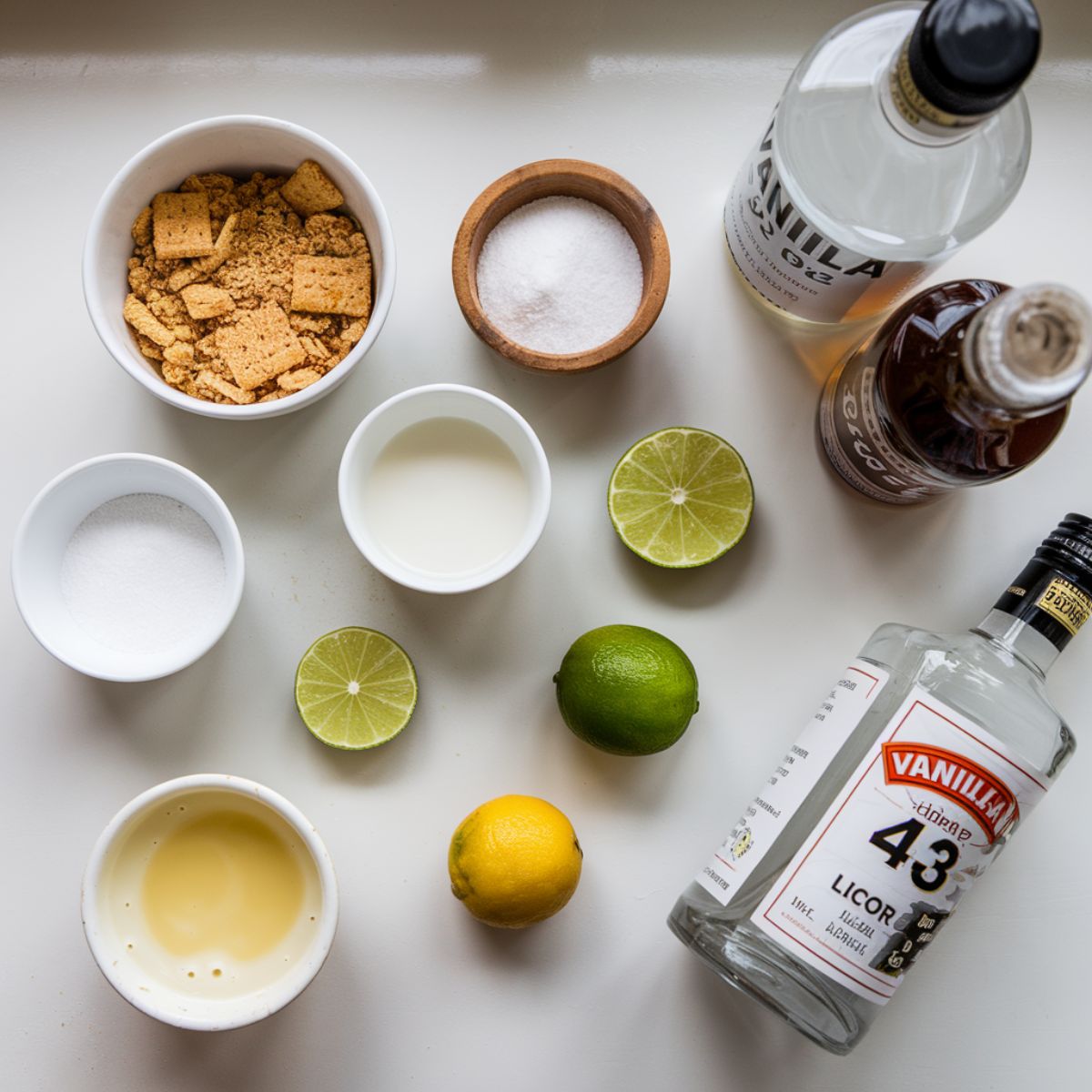 ngredients for Key Lime Pie Martini, including fresh lime juice, graham cracker crumbs, sweetened condensed milk, and vanilla vodka, arranged on a white kitchen counter.