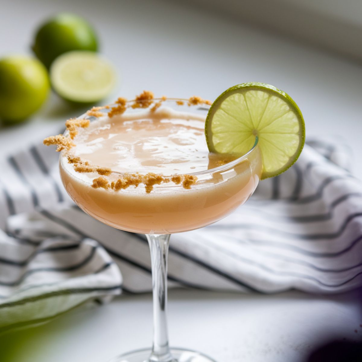 A creamy Key Lime Pie Martini with a graham cracker rim and lime garnish on a white kitchen counter. Fresh limes is in the background.