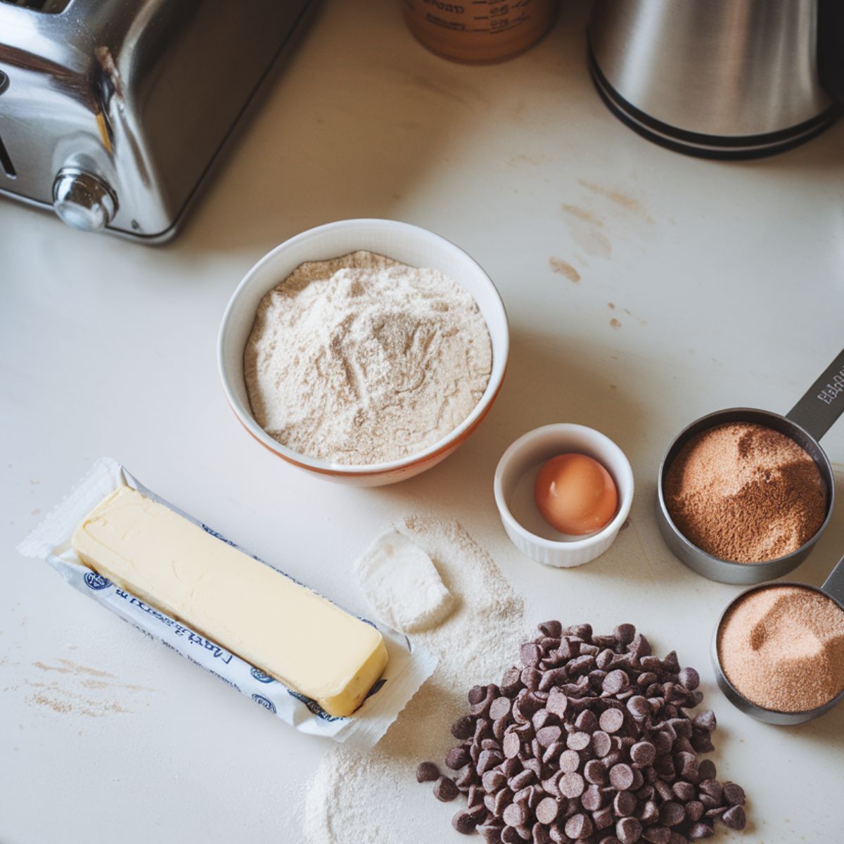 Mama Kelce cookie recipe ingredients arranged on a white kitchen counter, including flour, butter, brown sugar, eggs, and chocolate chips."