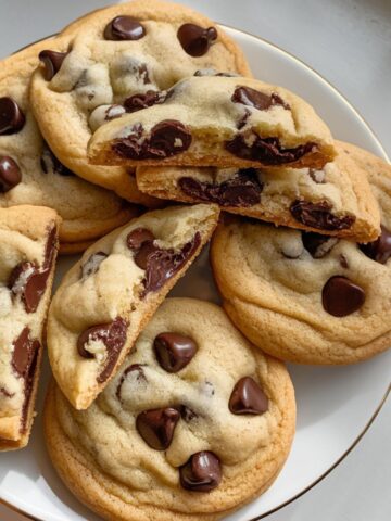 A plate of nestles chocolate chip cookies with golden edges and gooey melted chocolate chips, some broken in half to reveal the soft, warm center.