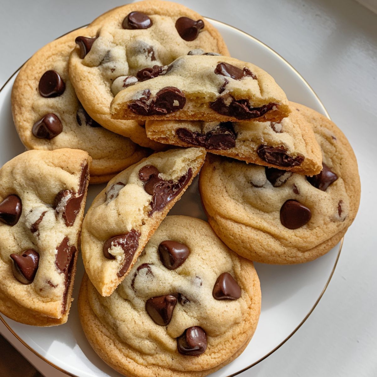 A plate of nestles chocolate chip cookies with golden edges and gooey melted chocolate chips, some broken in half to reveal the soft, warm center.