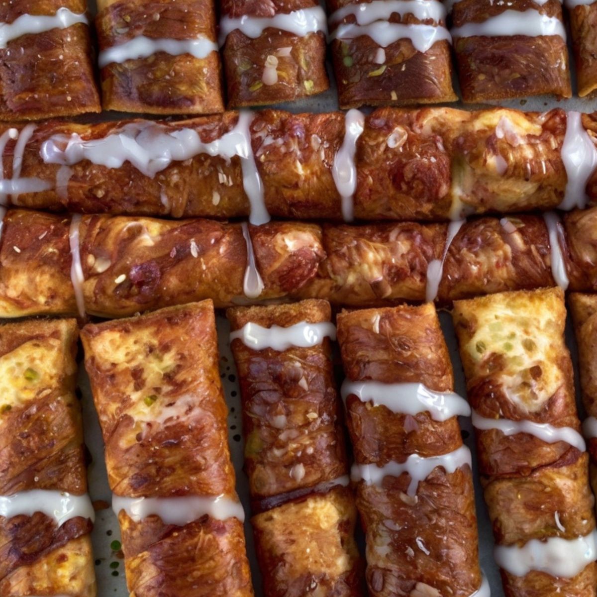 Golden-brown Pizza Hut Cinnamon Sticks, coated in cinnamon sugar and drizzled with creamy white icing, arranged neatly with a crispy, flaky texture.