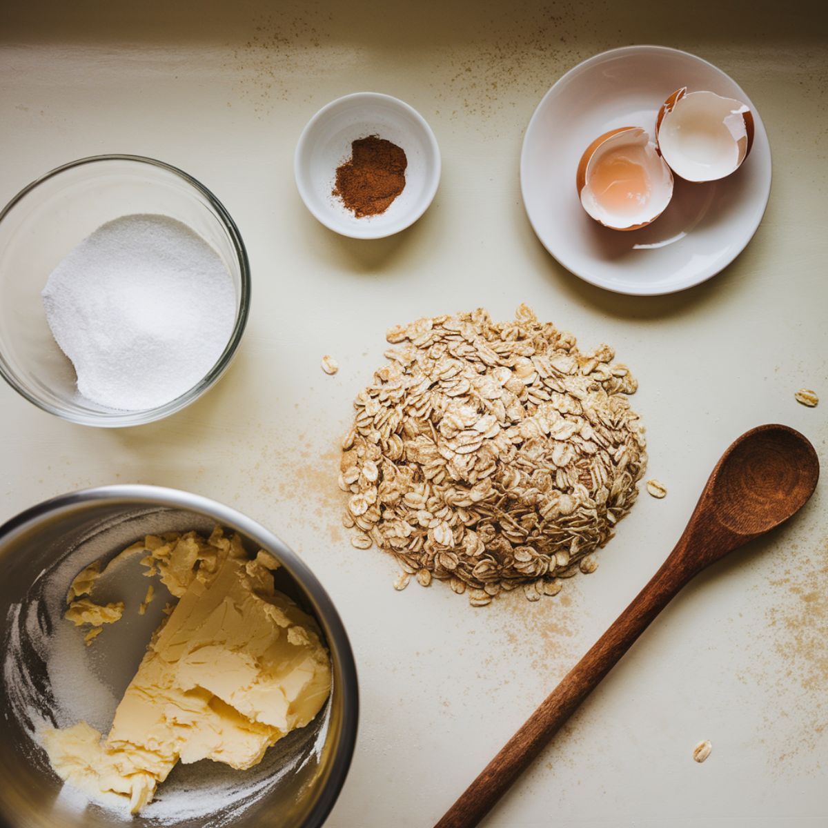 Quaker Oatmeal Cookie Recipe Ingredients including oats, butter, brown sugar, cinnamon, and eggs spread on a slightly messy white kitchen counter.