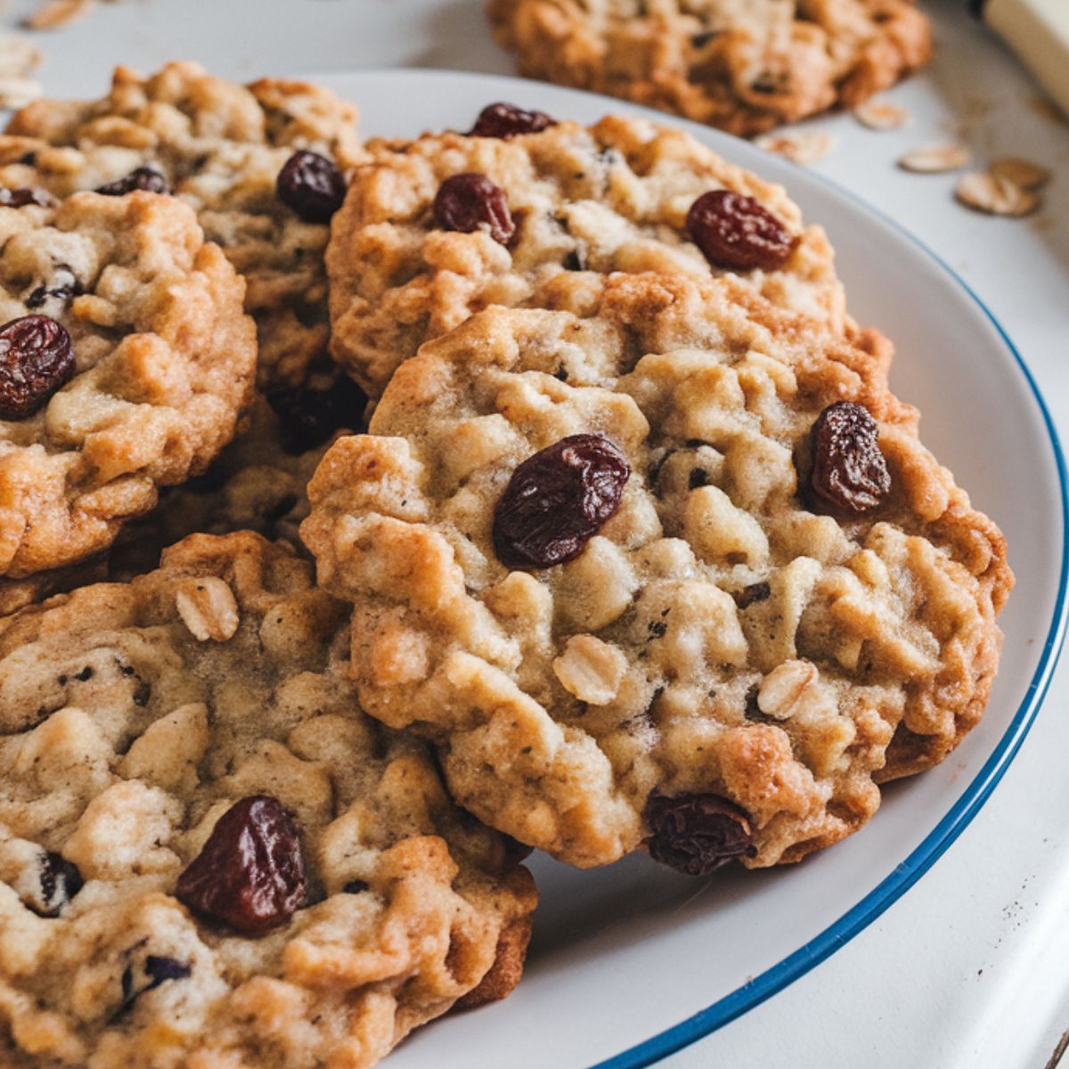 A batch of freshly baked homemade Quaker oatmeal cookies cooling on a wire rack, with oats and baking ingredients scattered on a white kitchen counter.