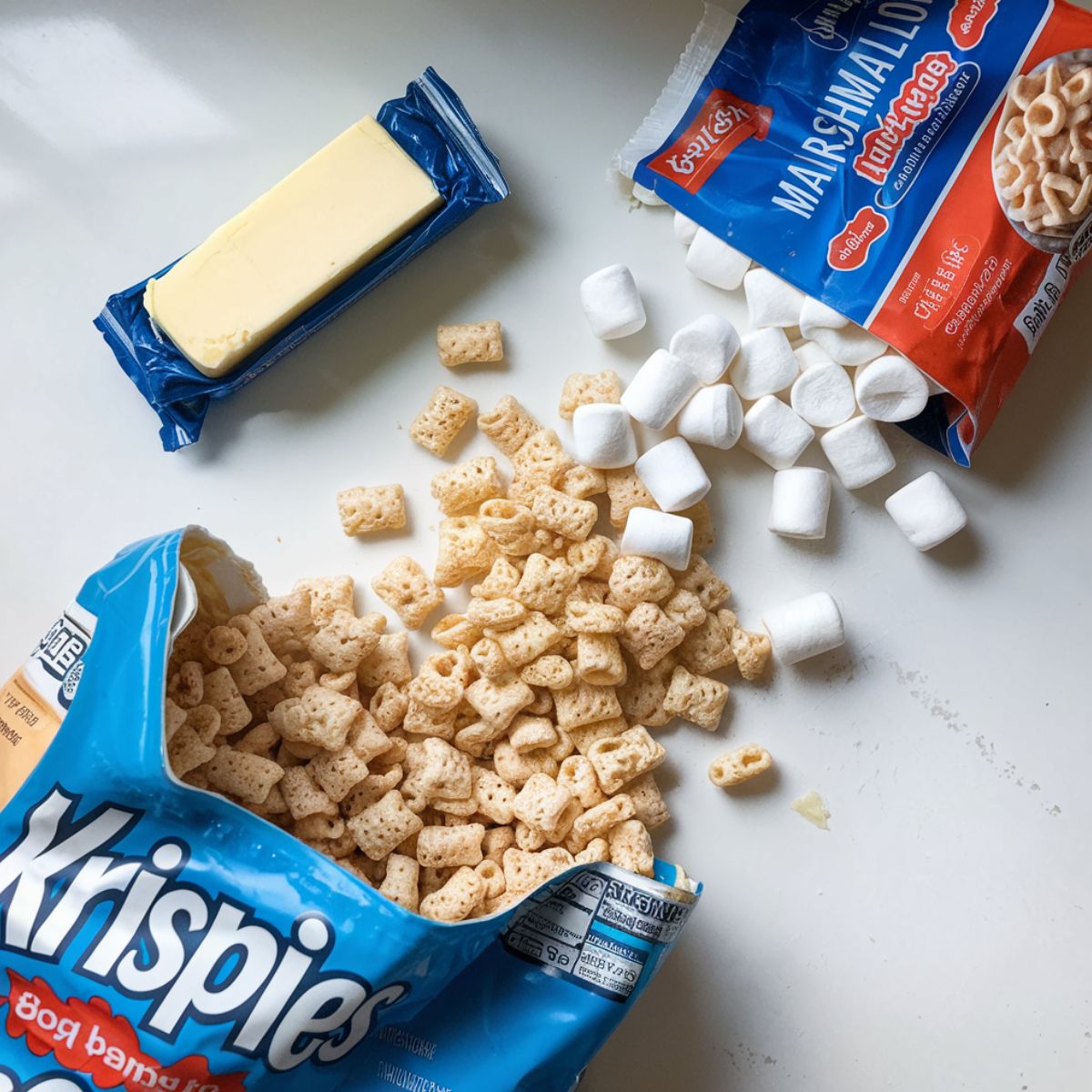 original Rice Krispie treat recipe ingredients including Rice Krispies cereal, a stick of unsalted butter, and regular marshmallows on a white kitchen counter, slightly messy and natural.