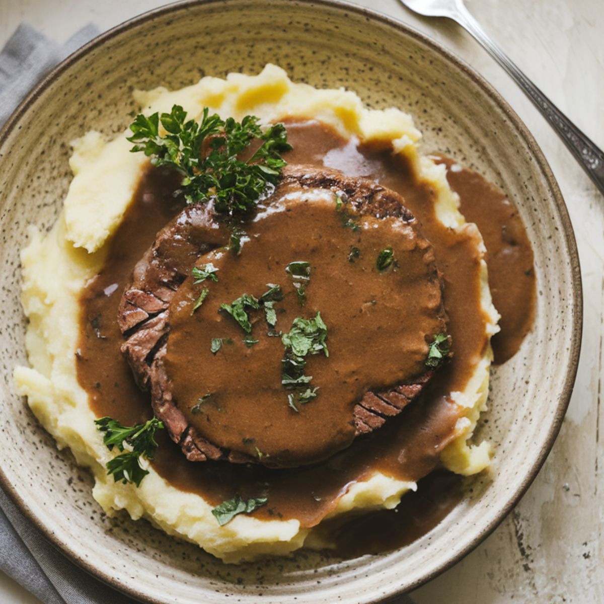 A plate of homemade Salisbury steak with brown gravy over mashed potatoes, garnished with parsley, on a white kitchen counter.