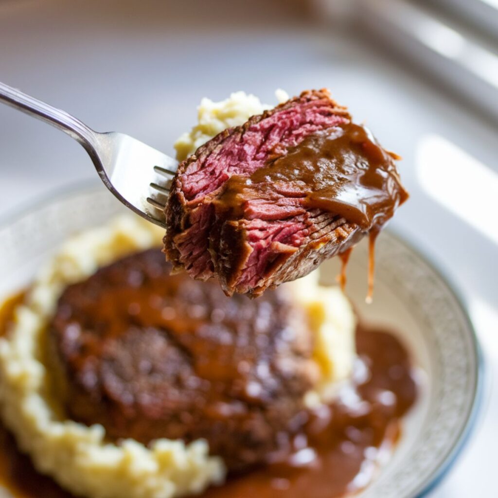 A fork lifting a large bite of homemade Salisbury steak with mashed potatoes and rich brown gravy dripping slightly.